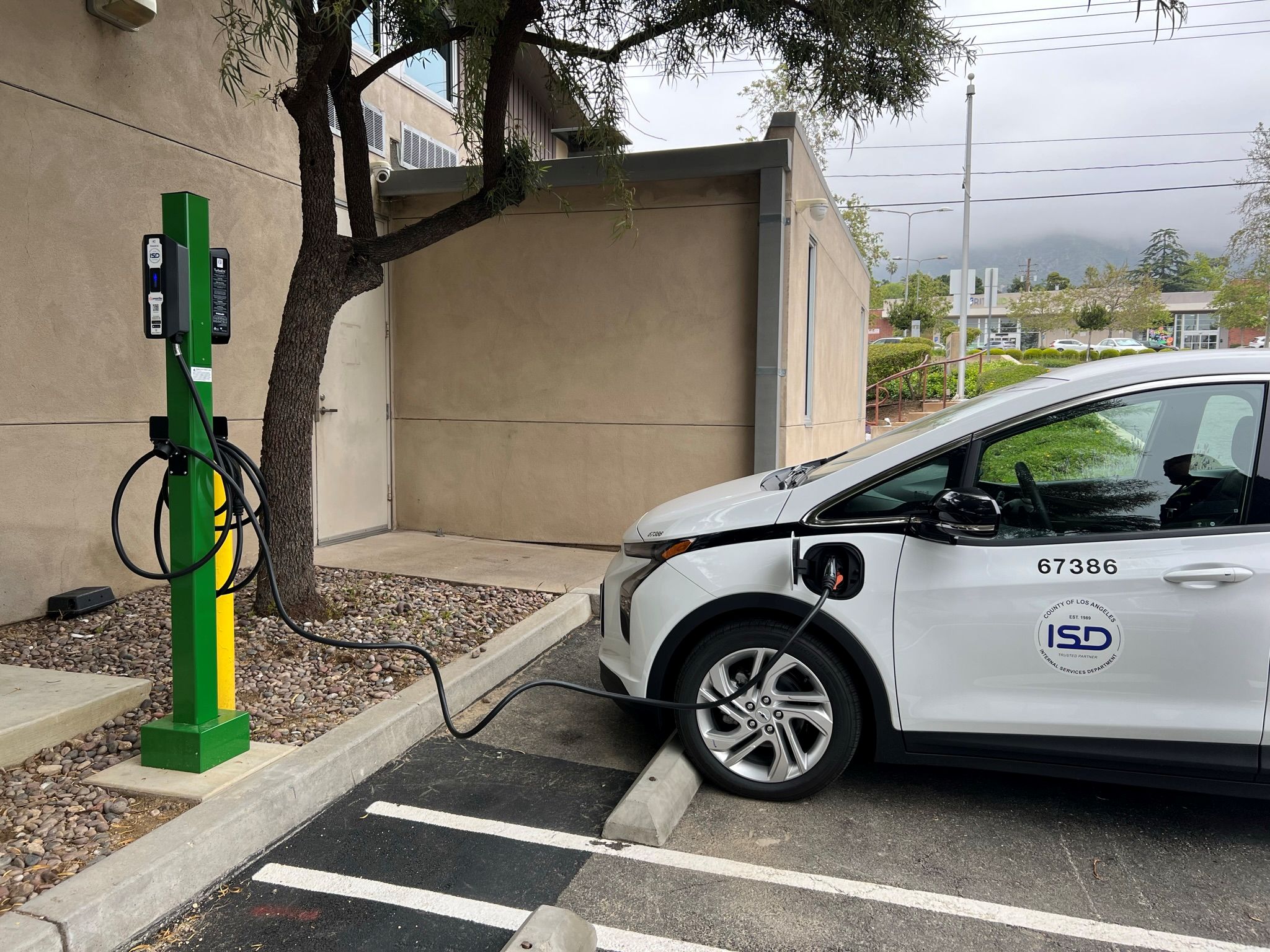 A white electric vehicle charges at a public charging station in a clean, outdoor setting.